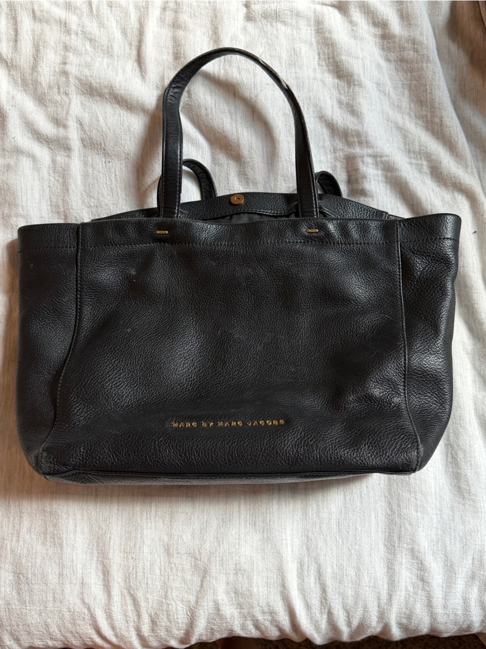 Marc Jacobs Black Pebbled Leather Tote with Gold Logo